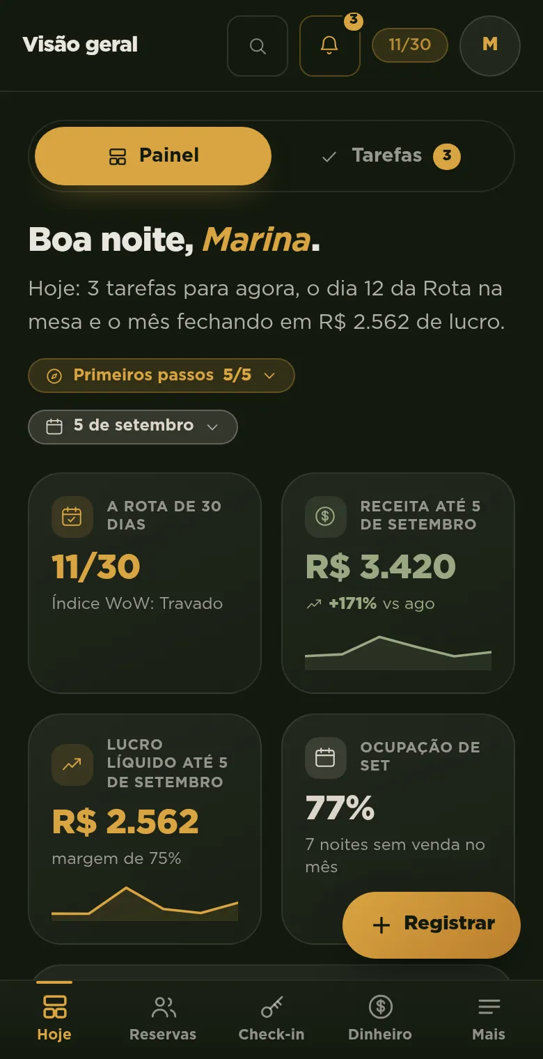 A Visão geral do Sistema WoW no celular, com as quatro ações rápidas e os cartões de métrica empilhados.